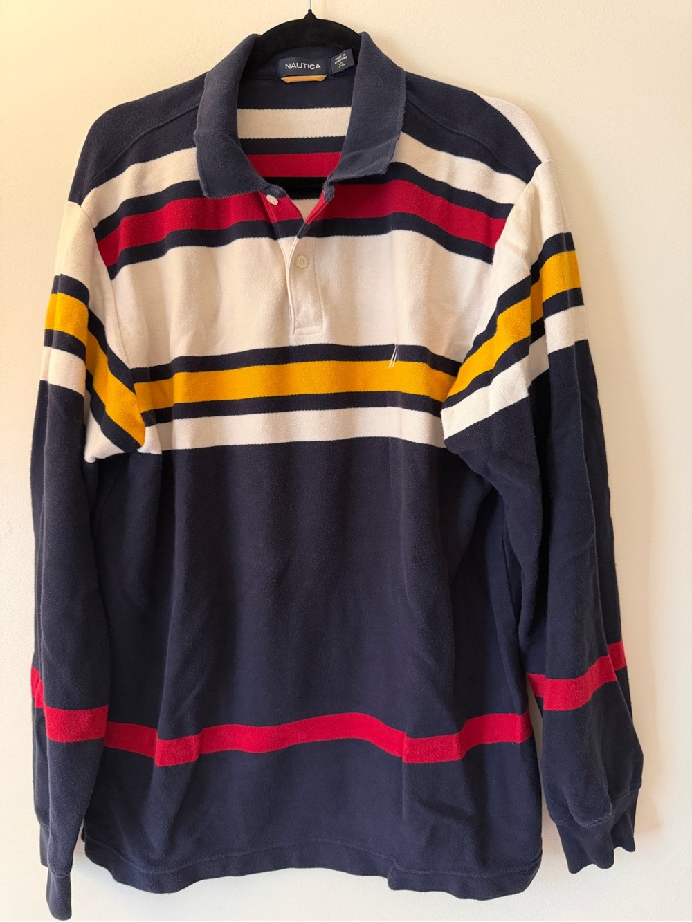 Nautica Navy, White, Red & Yellow Striped V‑Neck Rugby Pullover